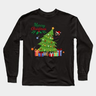 Cat Playing with Christmas Tree Long Sleeve T-Shirt